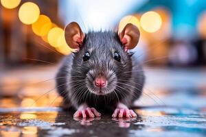 AI generated Urban pest control nightmare. dusk view of rat navigating through busy city alleyway photo