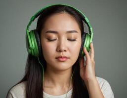 AI generated A young woman listens to music with her eyes photo