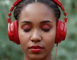 AI generated A young woman listens to music with her eyes photo