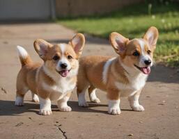 AI generated Corgi puppies on a walk. photo