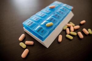 Blue tablet on a black table with scattered green and pink pills photo