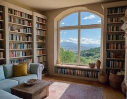 ai generado interior de un biblioteca en un país casa. foto