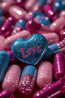 AI generated Heart-Shaped Candy or pills Spelling Love photo