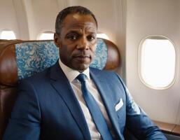 ai generado retrato de un mayor africano empresario en el interior de un avión. foto
