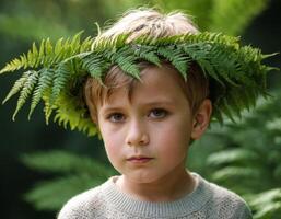 ai generado un pequeño chico con un guirnalda en su cabeza. foto