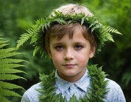 AI generated A little boy with a fern on his head. photo