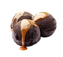 Chocolate ice cream ball with caramel topping photo