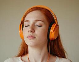ai generado un joven mujer escucha a música con su ojos foto