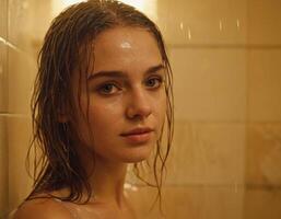 AI generated Image of a young woman with wet hair in the bathroom. AI generation photo