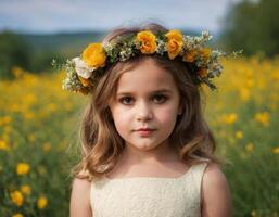 ai generado retrato de un niña con amarillo flores foto