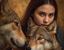 AI generated Woman with forest dogs. photo