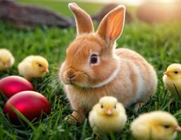 AI generated Easter bunny and little chick on a green meadow. photo