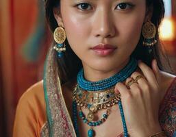 AI generated Oriental woman in gold jewelry and turquoise beads. photo
