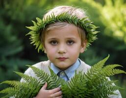 AI generated A little boy with a fern in his hands. photo