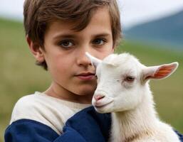 AI generated Portrait of a boy with a white goat in a meadow. photo