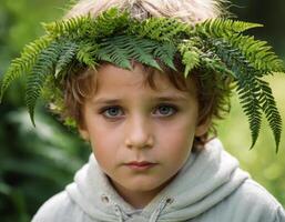 ai generado un pequeño chico con un helecho en su cabeza. foto