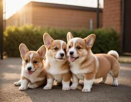 AI generated Corgi puppies on a walk. photo