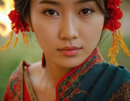 ai generado oriental mujer en un kimono y flores en su cabello. foto