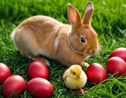 AI generated Easter bunny and little chick on a green meadow. photo