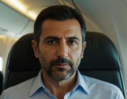 AI generated Portrait of an attentive Armenian man in a classic shirt on an airplane. photo