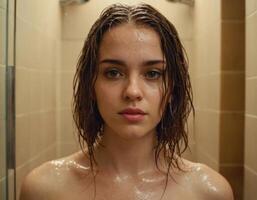 AI generated Image of a young woman with wet hair in the shower. AI generation photo