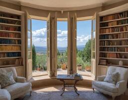 AI generated Interior of a library in a country house. photo