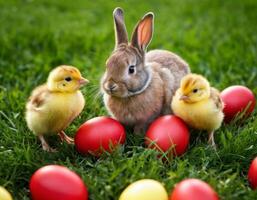 AI generated Easter bunny and little chick on a green meadow. photo