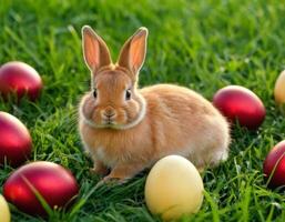 AI generated Easter bunny on a green meadow. photo