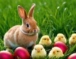 AI generated Easter bunny and little chick on a green meadow. photo