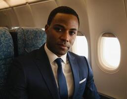 AI generated Portrait of a young African businessman in a classic blue suit on an airplane. photo