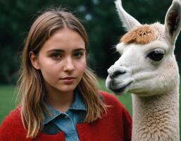 ai generado mujer con un pequeño llama. foto