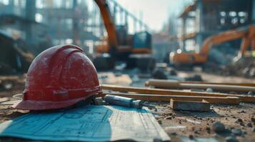 AI generated Close-up on a construction engineer's helmet, tools, and blueprints on a table with construction machinery working in the background photo