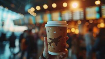 AI generated A close-up of a coffee cup with an airplane design. held by a traveler at an airport cafe. photo