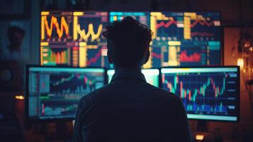 AI generated A business professional analyzing live cryptocurrency market data on a high-tech digital screen, reflecting the dynamic nature of digital currencies. photo