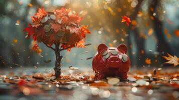 AI generated A close-up of a shattered piggy bank with coins and fragments scattered around, symbolizing the release of saved wealth for investment. photo