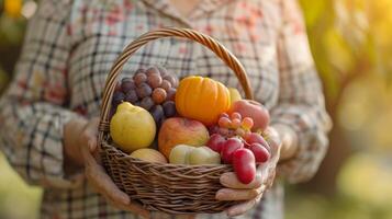 AI generated Close-up of an elderly person holding a basket filled with a variety of colorful fruits after a morning walk, showcasing the combination of exercise and healthy eating for longevity photo