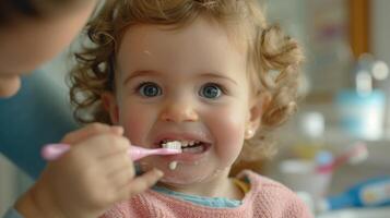 AI generated Dentist showing a young child the proper brushing technique to prevent tooth decay, close-up on the dentist's hand guiding the toothbrush, educational materials visible in the background photo