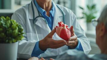 ai generado de cerca de un médico consultante con un mayor paciente acerca de corazón salud, demostración un corazón modelo y explicando preventivo medidas en contra corazón enfermedad foto