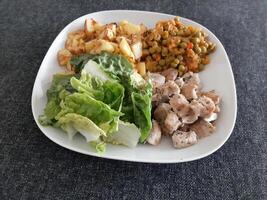 Homemade grilled chicken with french fries, green salad and pea stew served on a white plate photo