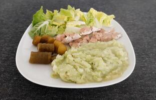 Homemade grilled chicken with zucchini stew, green salad and cucumber pickles served on a white plate photo