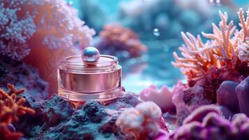 AI generated Close-up of a luxurious skin care cream jar with a gleaming pearl on top, set against an enchanting underwater backdrop, colorful coral and marine life surrounding, photo