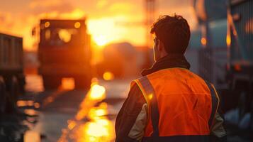 AI generated Engineer wearing a safety vest standing in front of a large construction machinery, inspecting the progress of a building construction, warm sunset light highlighting the silhouette photo