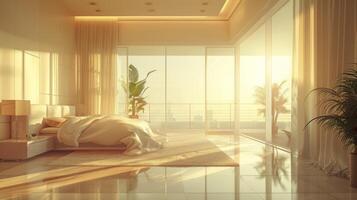 AI generated An elegant bedroom with a floor-to-ceiling window allowing clean morning light to flood the space photo