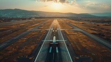 AI generated Aerial view of an airplane landing on a runway, intricate details of the airport layout visible, clear blue sky, precise shadow casting on the ground photo