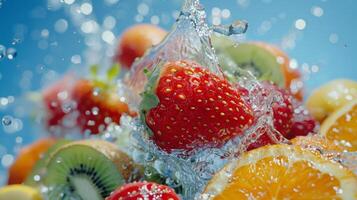 ai generado Fruta salpicaduras en agua en un blanco antecedentes. mezclado frutas foto