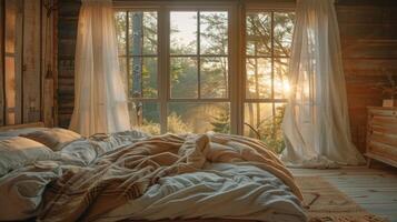 ai generado un rústico dormitorio con un vista, dónde Mañana ligero lavados terminado regenerado madera mueble y suave foto