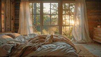 AI generated A rustic bedroom with a view, where morning light washes over reclaimed wood furniture and soft photo