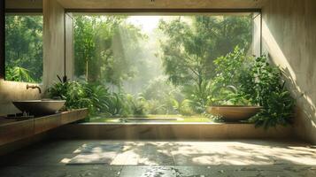 AI generated A minimalist bathroom overlooking a lush garden, where simplicity and nature converge. photo