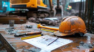 AI generated Close-up on a construction engineer's helmet, tools, and blueprints on a table with construction machinery working in the background, focus on the details of the tools and plans photo