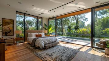 AI generated A panoramic shot of a modern bedroom featuring floor-to-ceiling windows that offer an unobstructed view of a lush, green landscape. photo